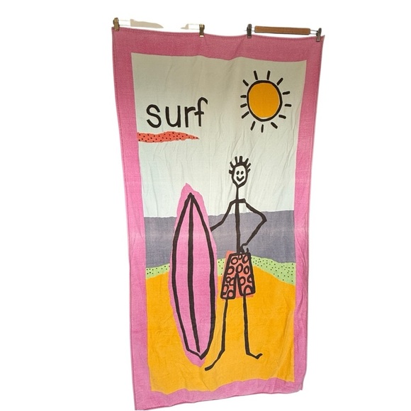 VTG Surfer Beach Towel 90s Rare Decorative Cotton Stockman Surfboard Pink Beach - Picture 7 of 8